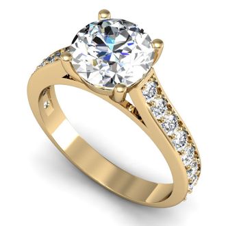 Moissanite Engagement Ring; 2 1/2 Carat Round Shape Moissanite Engagement Ring In 14 Karat Yellow Gold