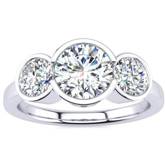 Moissanite Engagement Ring; 2 1/4 Carat Bezel Set Three Stone Moissanite Ring In 14 Karat White Gold