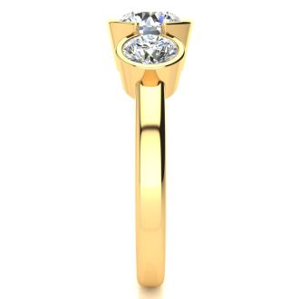 Moissanite Engagement Ring; 2 1/4 Carat Bezel Set Three Stone Moissanite Ring In 14 Karat Yellow Gold