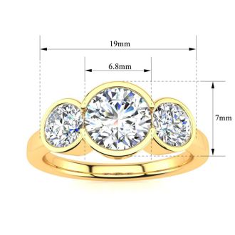 Moissanite Engagement Ring; 2 1/4 Carat Bezel Set Three Stone Moissanite Ring In 14 Karat Yellow Gold