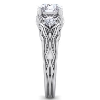 Moissanite Engagement Ring; 1 3/4 Carat Round Shape Moissanite Intricate Vine Engagement Ring In 14 Karat White Gold