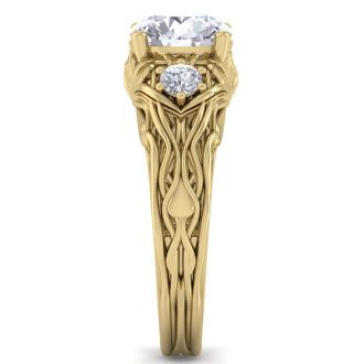 Moissanite Engagement Ring; 2 1/4 Carat Round Shape Moissanite Intricate Vine Engagement Ring In 14 Karat Yellow Gold