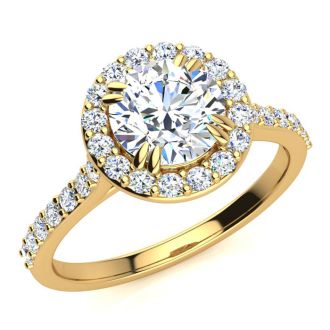 Moissanite Engagement Ring; 1 1/4 Carat Round Shape Halo Moissanite Engagement Ring In 14 Karat Yellow Gold