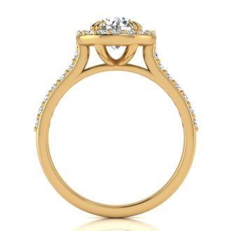 Moissanite Engagement Ring; 1 1/4 Carat Round Shape Halo Moissanite Engagement Ring In 14 Karat Yellow Gold