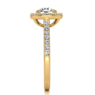 Moissanite Engagement Ring; 1 1/4 Carat Round Shape Halo Moissanite Engagement Ring In 14 Karat Yellow Gold
