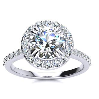 Moissanite Engagement Ring; 2 Carat Round Shape Halo Moissanite Engagement Ring In 14 Karat White Gold