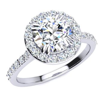 Moissanite Engagement Ring; 2 Carat Round Shape Halo Moissanite Engagement Ring In 14 Karat White Gold