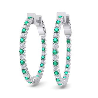 1 Carat Emerald and Diamond Hoop Earrings In 14 Karat White Gold, 3/4 Inch