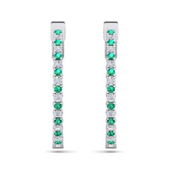 1 Carat Emerald and Diamond Hoop Earrings In 14 Karat White Gold, 3/4 Inch