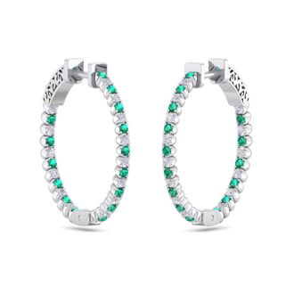 1 Carat Emerald and Diamond Hoop Earrings In 14 Karat White Gold, 3/4 Inch