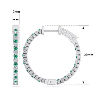 1 Carat Emerald and Diamond Hoop Earrings In 14 Karat White Gold, 3/4 Inch