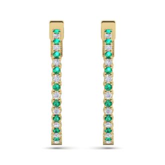 1 Carat Emerald and Diamond Hoop Earrings In 14 Karat Yellow Gold, 3/4 Inch