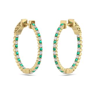 1 Carat Emerald and Diamond Hoop Earrings In 14 Karat Yellow Gold, 3/4 Inch