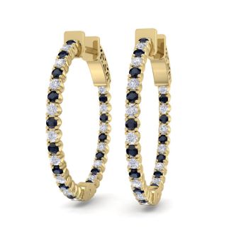 1 Carat Sapphire and Diamond Hoop Earrings In 14 Karat Yellow Gold, 3/4 Inch