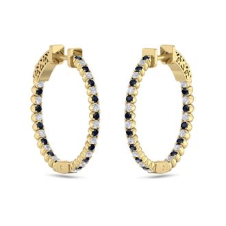 1 Carat Sapphire and Diamond Hoop Earrings In 14 Karat Yellow Gold, 3/4 Inch
