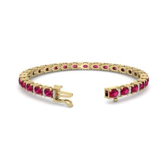 Ruby Bracelet; Ruby Tennis Bracelet; 7 Carat Oval Shape Ruby and Diamond Bracelet In 14 Karat Yellow Gold