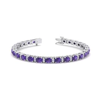 5 3/4 Carat Oval Shape Amethyst and Diamond Bracelet In 14 Karat White Gold, 7 Inches