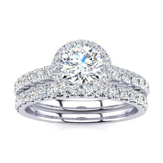 Moissanite Engagement Ring; 1/2 Carat Round Moissanite Halo Bridal Set In 14 Karat White Gold