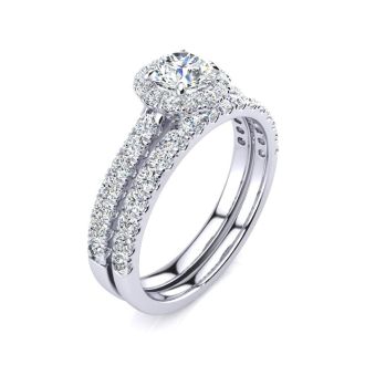 Moissanite Engagement Ring; 1/2 Carat Round Moissanite Halo Bridal Set In 14 Karat White Gold