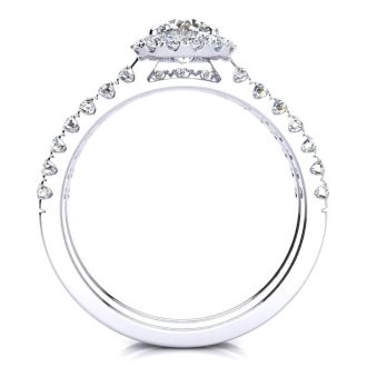 Moissanite Engagement Ring; 1/2 Carat Round Moissanite Halo Bridal Set In 14 Karat White Gold