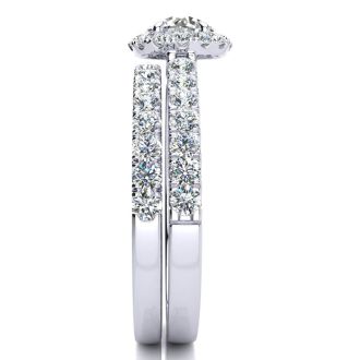 Moissanite Engagement Ring; 1/2 Carat Round Moissanite Halo Bridal Set In 14 Karat White Gold