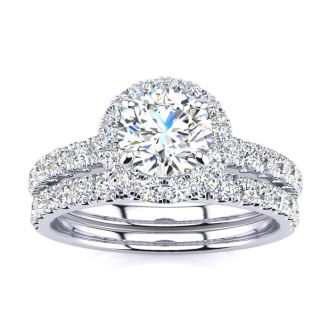 Moissanite Engagement Ring; 1 1/2 Carat Round Moissanite Halo Bridal Set In 14 Karat White Gold
