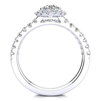 Moissanite Engagement Ring; 1 1/2 Carat Round Moissanite Halo Bridal Set In 14 Karat White Gold