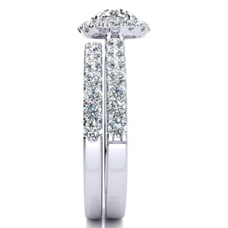 Moissanite Engagement Ring; 1 1/2 Carat Round Moissanite Halo Bridal Set In 14 Karat White Gold