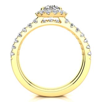 Moissanite Engagement Ring; 1 1/2 Carat Round Moissanite Halo Bridal Set In 14 Karat Yellow Gold