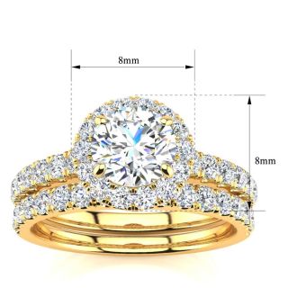 Moissanite Engagement Ring; 1 1/2 Carat Round Moissanite Halo Bridal Set In 14 Karat Yellow Gold