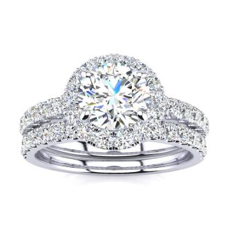 Moissanite Engagement Ring; 2 Carat Round Moissanite Halo Bridal Set In 14 Karat White Gold
