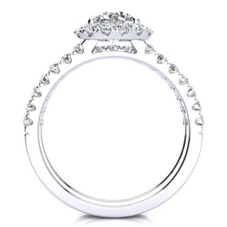 Moissanite Engagement Ring; 2 Carat Round Moissanite Halo Bridal Set In 14 Karat White Gold