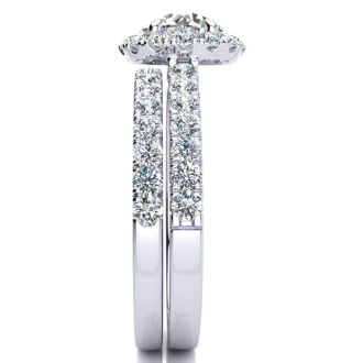 Moissanite Engagement Ring; 2 Carat Round Moissanite Halo Bridal Set In 14 Karat White Gold