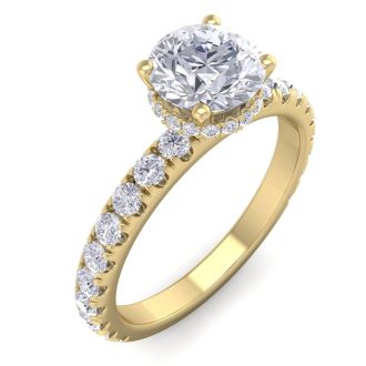 Moissanite Engagement Ring; 1 1/2 Carat Round Shape Hidden Halo Moissanite Engagement Ring In 14 Karat Yellow Gold