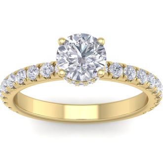 Moissanite Engagement Ring; 1 1/2 Carat Round Shape Hidden Halo Moissanite Engagement Ring In 14 Karat Yellow Gold