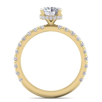 Moissanite Engagement Ring; 1 1/2 Carat Round Shape Hidden Halo Moissanite Engagement Ring In 14 Karat Yellow Gold
