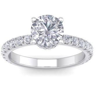 Moissanite Engagement Ring; 2 Carat Round Shape Hidden Halo Moissanite Engagement Ring In 14 Karat White Gold