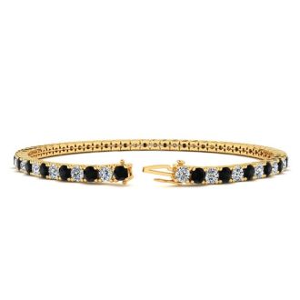 3 1/4 Carat Mens Black Diamond Tennis Bracelet, White Diamond, In 14 Karat Yellow Gold, 8 1/2 Inches