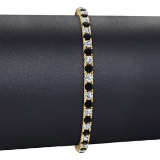 5 Carat Mens Black Diamond Tennis Bracelet, White Diamond, In 14 Karat Yellow Gold, 9 Inches