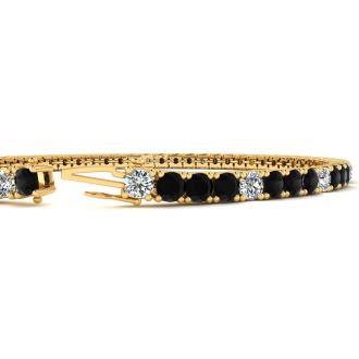 4 1/4 Carat Mens Black Diamond Tennis Bracelet, White Diamond, In 14 Karat Yellow Gold, 7 1/2 Inches