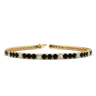 5 Carat Mens Black Diamond Tennis Bracelet, White Diamond, In 14 Karat Yellow Gold, 9 Inches