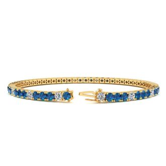 4 1/4 Carat Blue And White Diamond Alternating Mens Tennis Bracelet In 14 Karat Yellow Gold, 7 1/2 Inches
