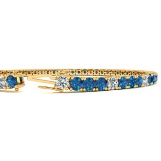 4 1/4 Carat Blue And White Diamond Alternating Mens Tennis Bracelet In 14 Karat Yellow Gold, 7 1/2 Inches