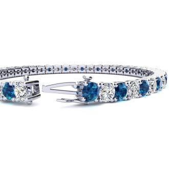 11 3/4 Carat Blue and White Diamond Mens Tennis Bracelet In 14 Karat White Gold, 9 Inches