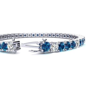 9 3/4 Carat Blue and White Diamond Alternating Mens Tennis Bracelet In 14 Karat White Gold, 7 1/2 Inches