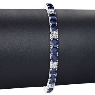 12 3/4 Carat Sapphire and Diamond Alternating Mens Tennis Bracelet In 14 Karat White Gold, 7 1/2 Inches