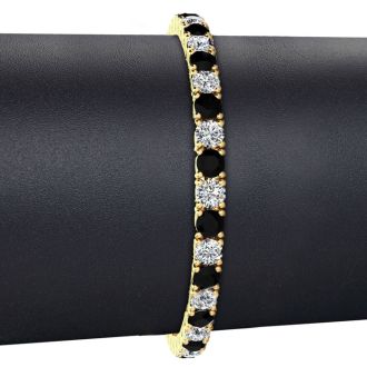 10 1/2 Carat Mens Black Diamond Tennis Bracelet, White Diamond, In 14 Karat Yellow Gold, 8 Inches