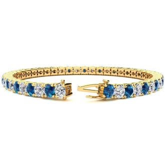 9 3/4 Carat Blue and White Diamond Mens Tennis Bracelet In 14 Karat Yellow Gold, 7 1/2 Inches