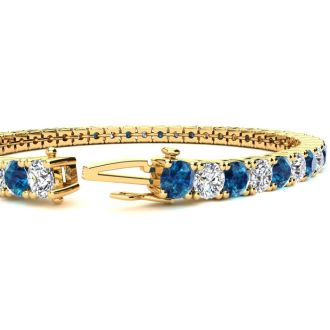 9 3/4 Carat Blue and White Diamond Mens Tennis Bracelet In 14 Karat Yellow Gold, 7 1/2 Inches