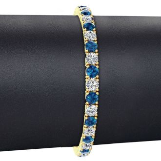 9 3/4 Carat Blue and White Diamond Mens Tennis Bracelet In 14 Karat Yellow Gold, 7 1/2 Inches